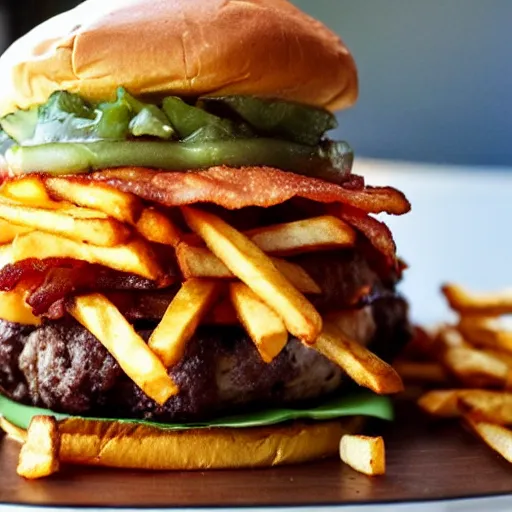 Image similar to big stack burger with bacon and fries