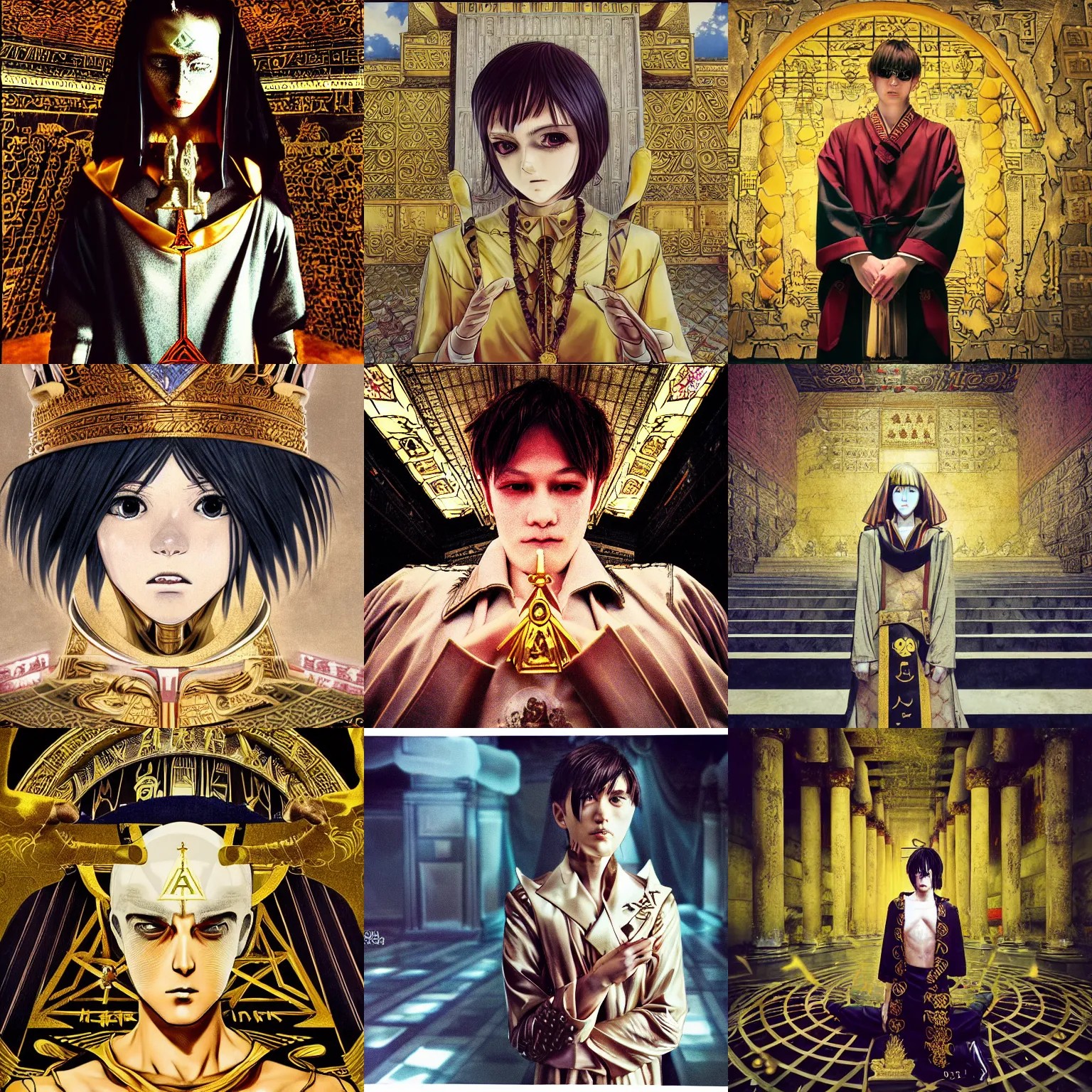 Prompt: kodak portra 4 0 0, high detail, 8 k, three point perspective ; beautiful extreme closeup seinen manga fashion portrait : masonic style templar wachowski film still inspired by alchemy ( 2 0 5 0 ) temple ritual scene, real - life radiant master of ceremony regalia, designed babylonian temple background, highly detailed, golden ratio composition