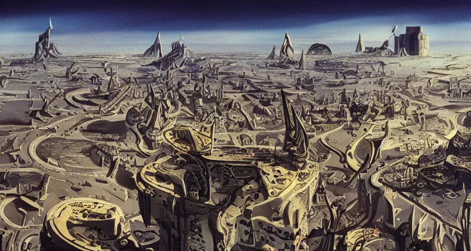 Prompt: view on futuristic city in the horizon, illustration by salvador dali, detailed, sharp, 8 k