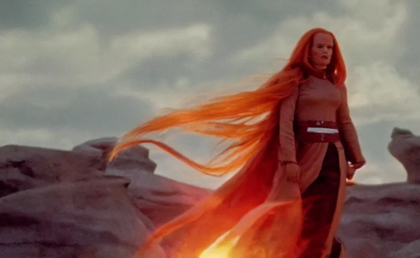 Image similar to screenshot of Julian Moore as Mara Jade, the female jedi, from the film 2001 Space Oddyssey (1968) directed by Stanley Kubrick, 4k still frame, windy hair, cinematic lighting, stunning cinematography, hyper detailed scene, anamorphic lenses, kodak color film stock