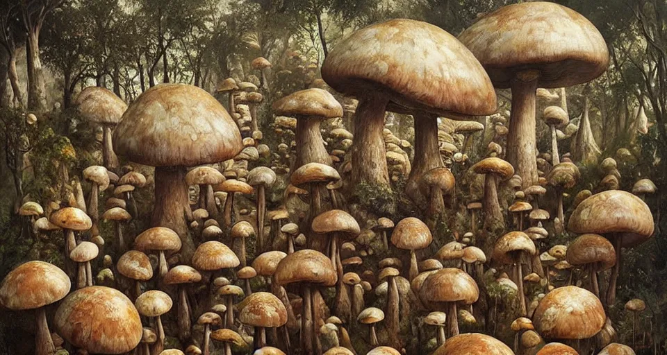 Prompt: A tribal village in a forest of giant mushrooms, by Karol Bak, by Gainax Co,