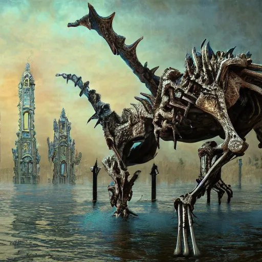 Image similar to giant quadruped bone creature walking through the center of a flooded city, extreme detail, abstract realism, highly ornate intricate details, 1 9 2 0's colored pencil, 4 k, cinematic lighting,