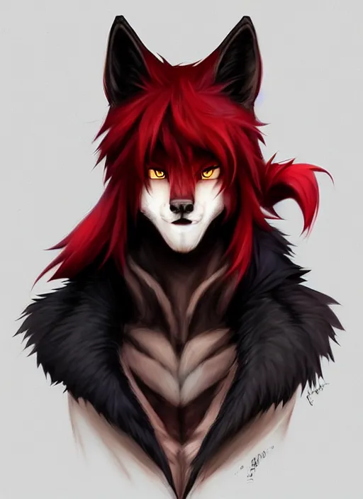 Image similar to character concept art of a black anthropomorphic furry male wolf long red hair | | cute - fine - face, pretty face, key visual, realistic shaded perfect face, fine details by stanley artgerm lau, wlop, rossdraws, james jean, andrei riabovitchev, marc simonetti, and sakimichan, trending on artstation