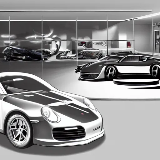 Image similar to car showroom, full image, concept for a german muscle car inspired by a Porsche 911 Turbo S