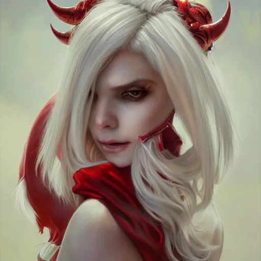 Image similar to ultra realistic illustration, dream humanoid demon girl with white hair, red horns, in white clothes, red eyes, intricate, elegant, highly detailed, digital painting, artstation, concept art, smooth, sharp focus, illustration, art by artgerm and greg rutkowski and alphonse mucha