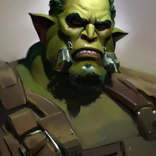 Prompt: greg manchess digital painting of a ruggedly handsome old dieselpunk orc general with olive green skin sitting in his office, overwatch character, organic painting, matte painting, bold shapes, hard edges, street art, trending on artstation, by huang guangjian and gil elvgren and sachin teng