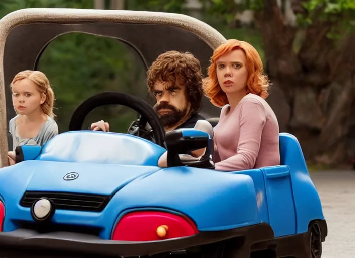 Image similar to peter dinklage and scarlett johannson driving a little tikes cozy coupe, movie still, from the new black widow movie, 8 k, realistic