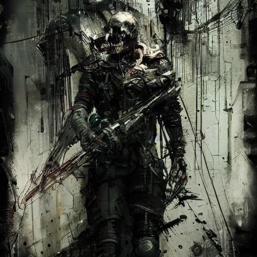 Image similar to cybernetic hunter, cyberpunk, wires, skulls, machines by emil melmoth zdzislaw belsinki craig mullins yoji shinkawa realistic render ominous detailed photo atmospheric by jeremy mann francis bacon and agnes cecile ink drips paint smears digital glitches glitchart