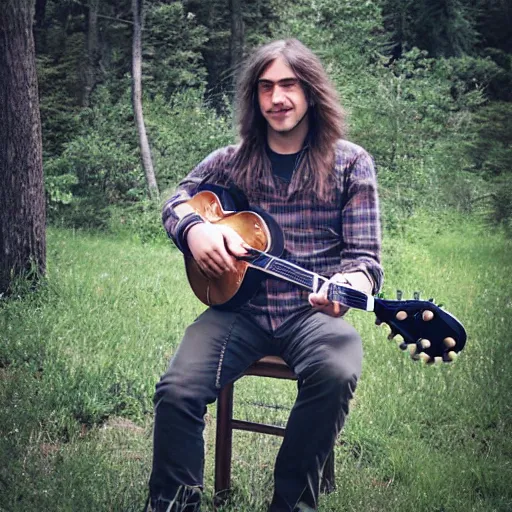 Image similar to a photo of a young man with long hair playing mandolin in the wilderness