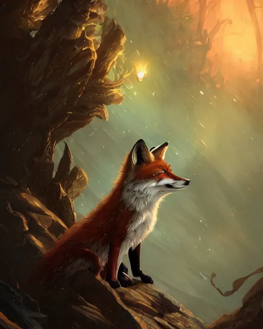 Image similar to What does the fox say, portrait, magic the gathering artwork, D&D, fantasy, cinematic lighting, centered, symmetrical, highly detailed, digital painting, artstation, concept art, smooth, sharp focus, illustration, volumetric lighting, epic Composition, 8k, art by Akihiko Yoshida and Greg Rutkowski and Craig Mullins, oil painting, cgsociety