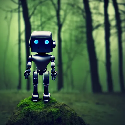 Image similar to a cute little robot in a wood. super realistic 8 k render of a dark hooded powerful elegant, cinematic composition