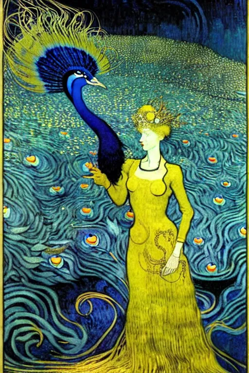 Prompt: the vision of the universal peacock by kay nielsen, john bauer, james c. christensen, and vincent van gogh, symbolist, visionary