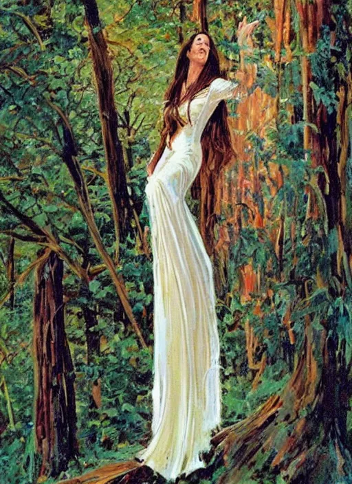 Image similar to a woman with long flowing hair and a flowing white dress in a forest by robert mccall