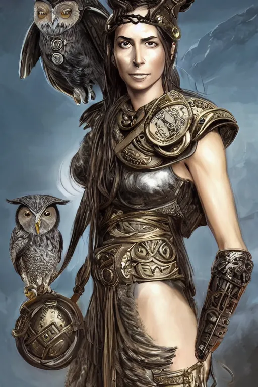 Greek goddess athena brown hair, greek helmet, owl on shoulder