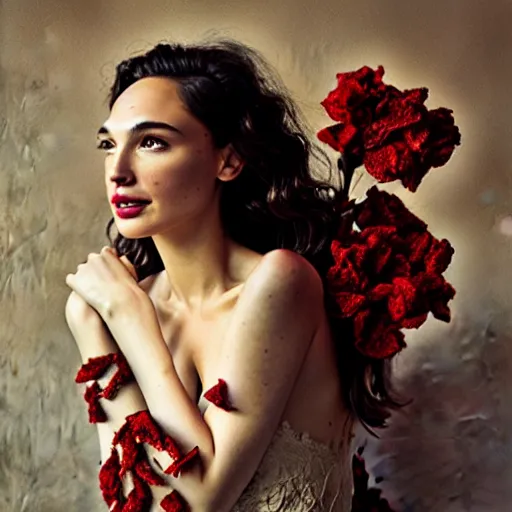 Image similar to full body fine art photo of the beauty gal gadot, she is covered with dried roses, taken by oleg oprisco