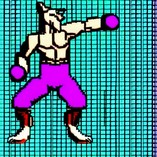 Image similar to full body shot antropomorphic muscular masculine wolf. kickboxer. wolf head. furr on body. 8 bit nes graphics. vaporwave futuristic 8 0's