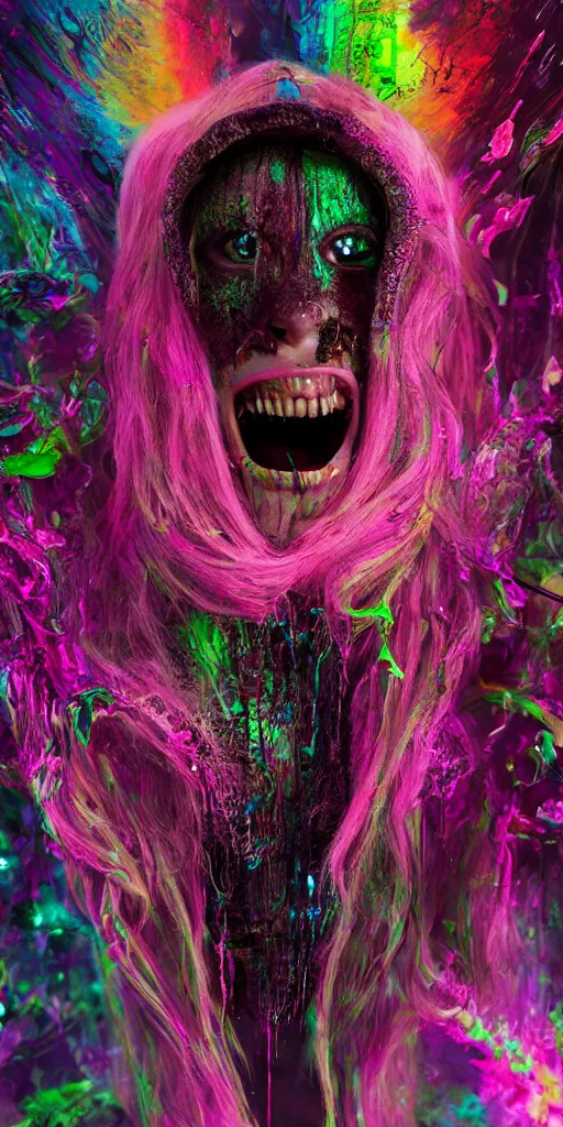 Prompt: impossibly beautiful vampire with large vampire fangs, full body, intricate complexity, surreal horror, psychedelic glitch art, rainbow drip paint, trending on art station, photoreal, 8k, octane render