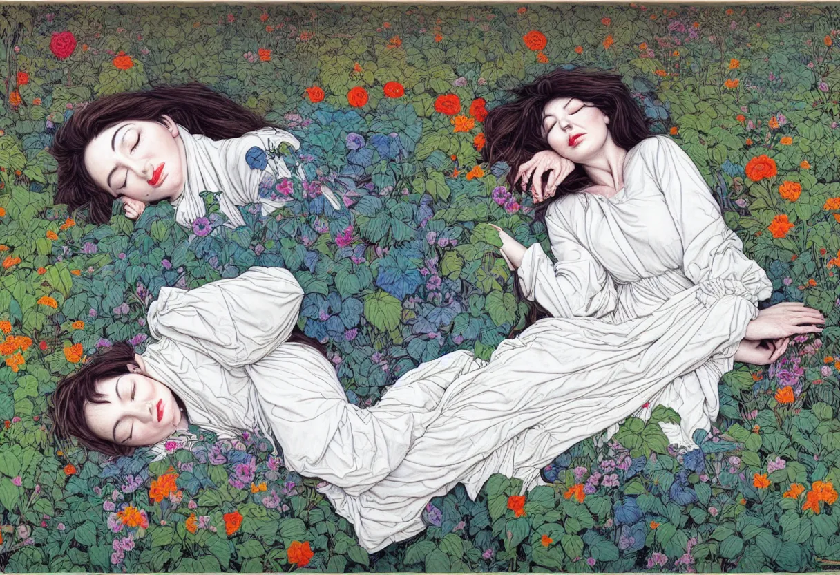 Image similar to ! dream portrait of kate bush sleeping in a garden by james jean