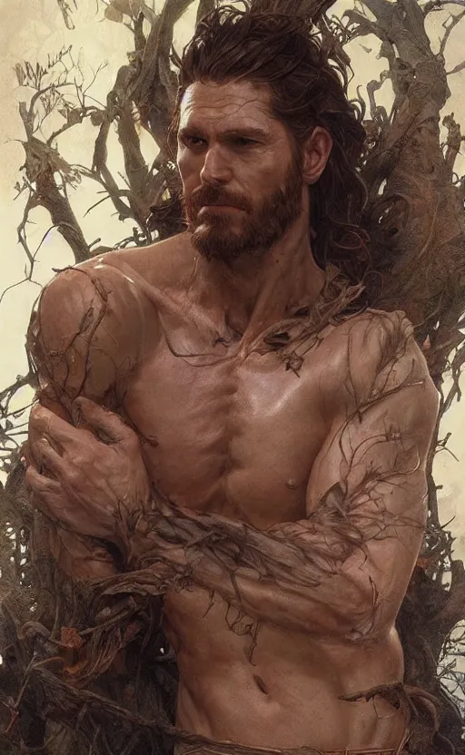 Image similar to god of the forest, 30 years old, rugged, male, gorgeous, detailed face, detailed hands!!!!!!, amazing, thighs!!!!!!, muscular, intricate, highly detailed, digital painting, artstation, concept art, sharp focus, illustration, art by greg rutkowski and alphonse mucha