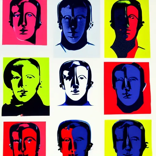 Image similar to cyborgs, panels, primary colors, cyborgs lithography, cyborgs by warhol, cyborgs in the style of andy warhol