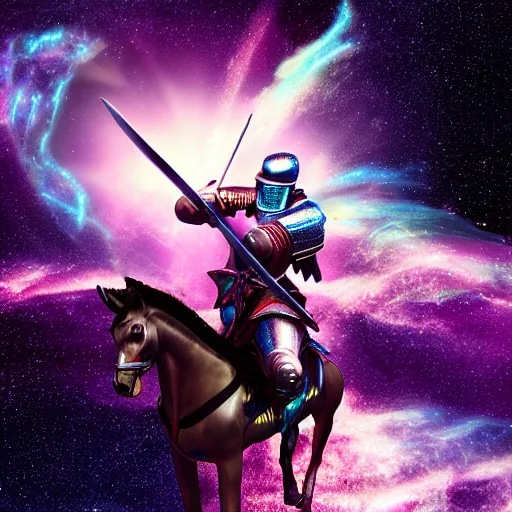 Prompt: A knight holding a sword while riding in a Pegasus through the galaxy, vaporwave, 4K