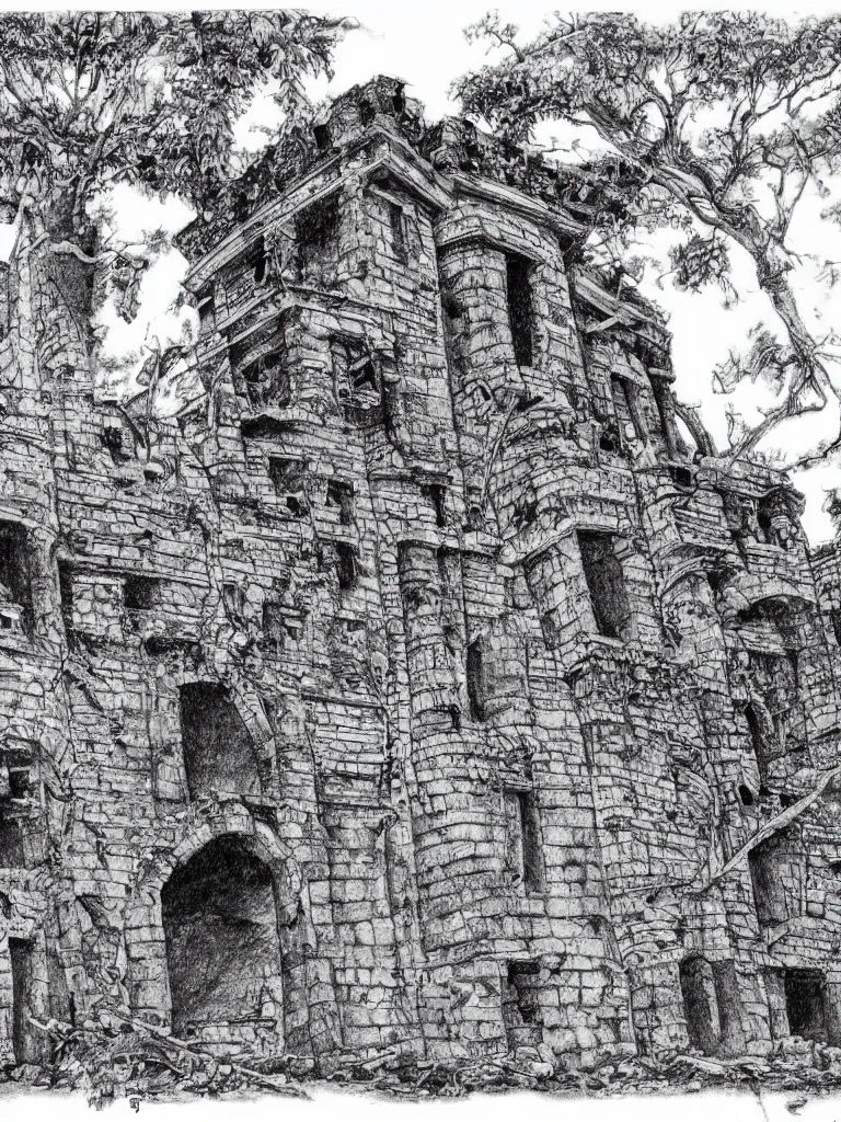 Image similar to A pen drawing of a dilapidated ancient castle building in the wood, by Ler Huang, high detailed