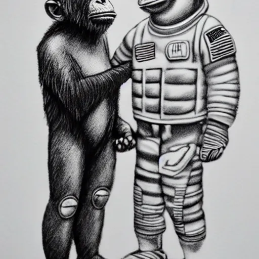 Image similar to pencil art, portait, highly detailed, epic, astronaut chimpanzee holding hands with a friendly human astronaut.