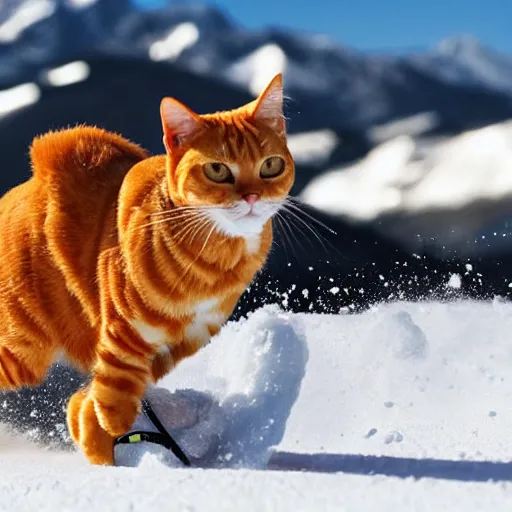 Prompt: an orange tabby cat skiing