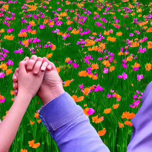 Image similar to a couple holding hands in a field of flowers, symmetrical face, beautiful, vfx, photo realistic, 8 k, aesthetic