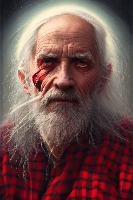 Image similar to an old man wear plaid red shir + long grey hair is the man who know everything in the universe by karol bak, james jean, tom bagshaw, rococo, sharp focus, trending on artstation, cinematic lighting, hyper realism, octane render, 8 k, hyper detailed, vivid, ultra detailed, highly detailed