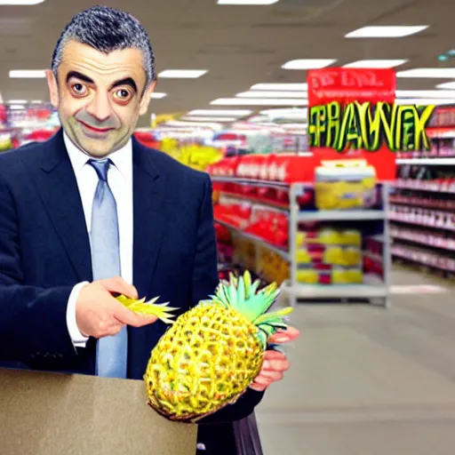 Image similar to rowan atkinson stealing a pineapple from target, realistic photo, uhd