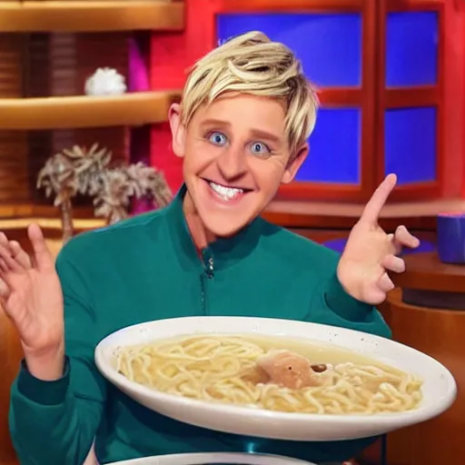 Image similar to Ellen DeGeneres cosplaying as Naruto and eating ramen noodles, absurd, surreal, high quality