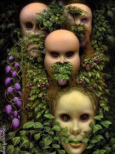 Prompt: The Hanging-Gardens of Pareidolia, ivy, verbena and pothos growing facial features and optical-illusions!!!!!, aesthetic, by Gerald Brom in the style of Johfra Bosschart in the style of,