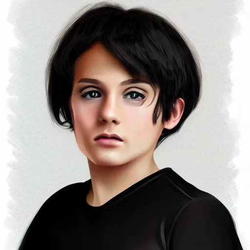 Prompt: a digital portrait of a 13 year old with black hair,hazel green eyes, drawn in the style of mark Arian