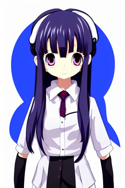 Image similar to full body anime portrait of a cute android girl round eyes long hair dressed in a school uniform inside the school, peace sign, stunning, highly detailed, anatomically correct