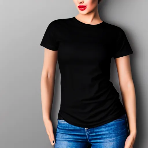 Image similar to clear photorealistic mockup product photograph of a blank black tshirt on an attractive female model in front of a living room background - h 7 0 4