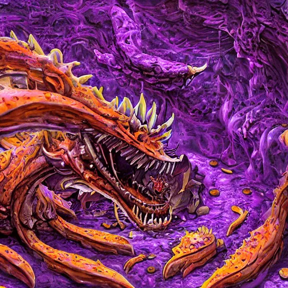 Image similar to detailed shot of inside a cavernous living stomach of a giant hot robot dragon, the walls purple and pulsing, lots of acid pooling up on the floor, digesting and dissolving a human that ended up inside, food pov, micro pov, vore, digital art, furry art, high quality, 8k 3D realistic, macro art, micro art, Furaffinity, Deviantart, Eka's Portal, G6