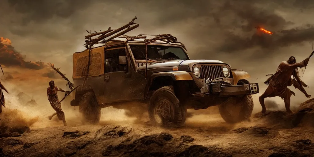 Image similar to Mahindra thar, tribe members attacking, action scene, an epic fantasy, dramatic lighting, cinematic, establishing shot, extremely high detail, photorealistic, cinematic lighting, artstation, by christopher nolan, shadow of the tomb rider