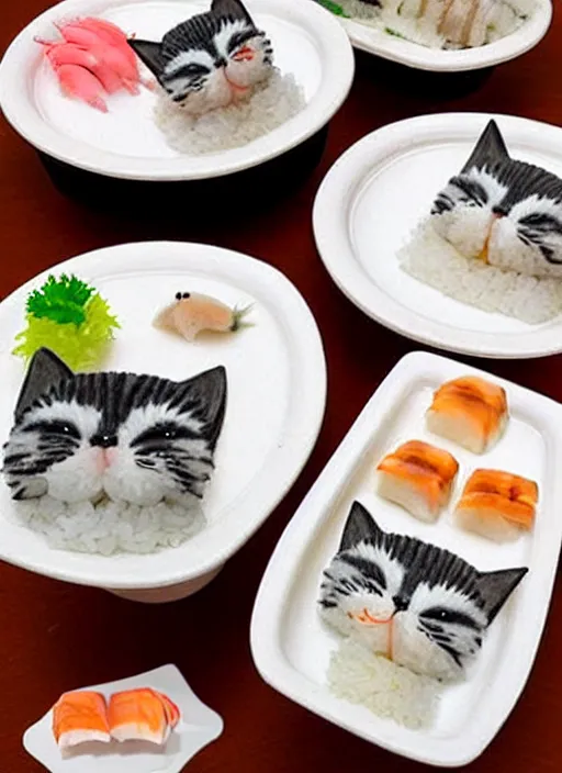 Prompt: clear photorealistic picture of adorable cats made from sushi rice, sitting on sushi plates with wasabi paste and soy sauce
