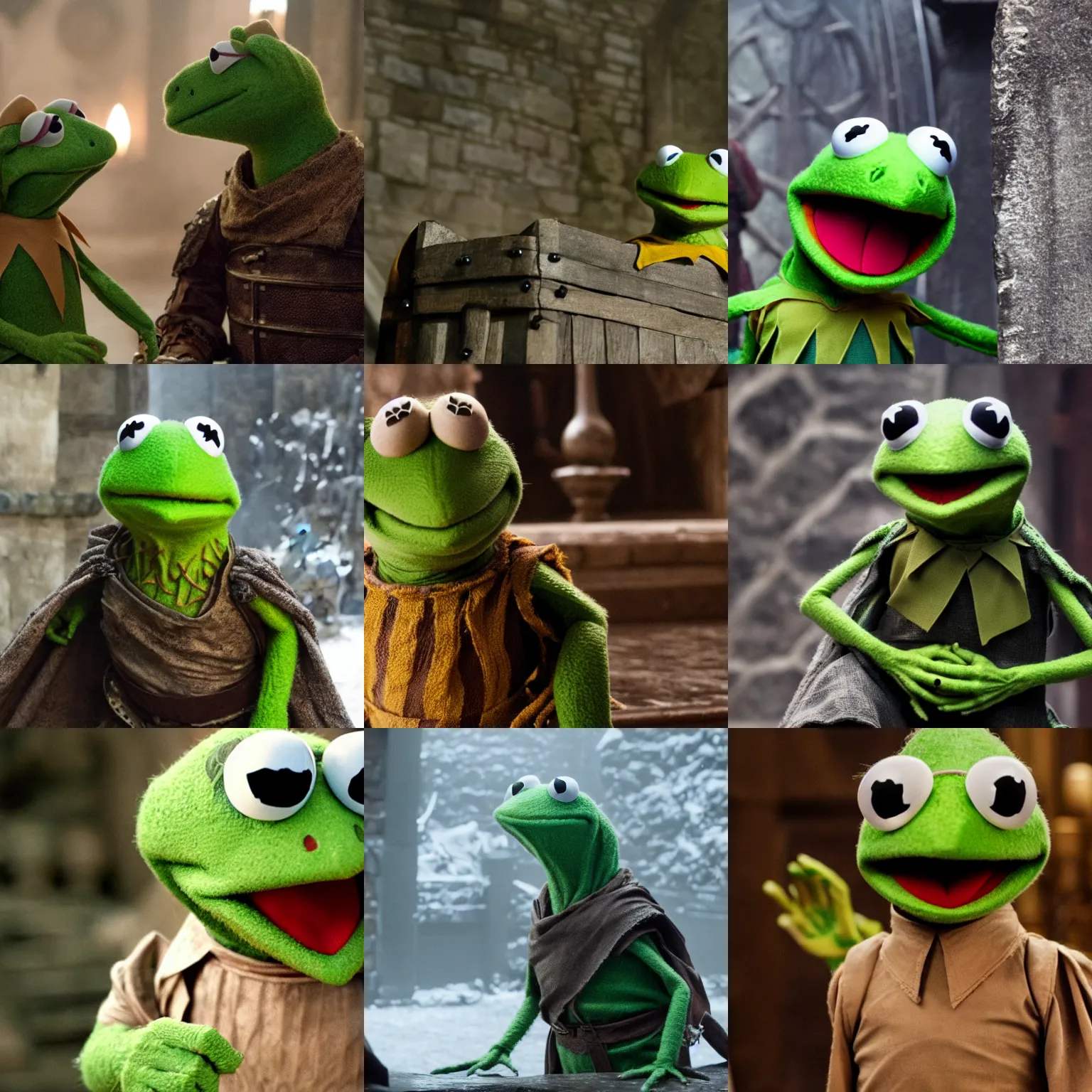 Prompt: film still of kermit the frog in game of thrones, photo, high resolution