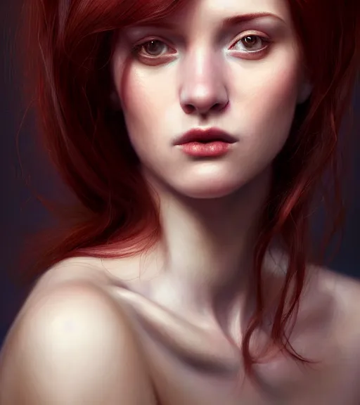 Image similar to portrait of a auburn hair, female, red wine, in heightened detail, poised, writing in journal, detailed facial expression, 8 k, hyperrealistic, detailed surroundings, intricate, elegant, highly detailed, centered, digital painting, cgsociety, concept art, smooth, sharp focus, illustration, by ( ross tran ), wlop