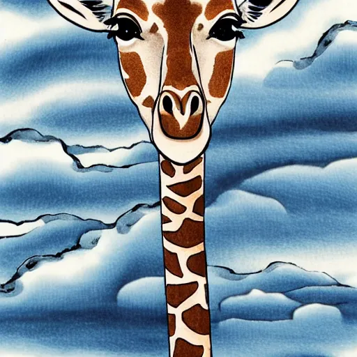 Image similar to giraffe in a bot on a stormy sea at the base of cliffs, japanese style ink art,