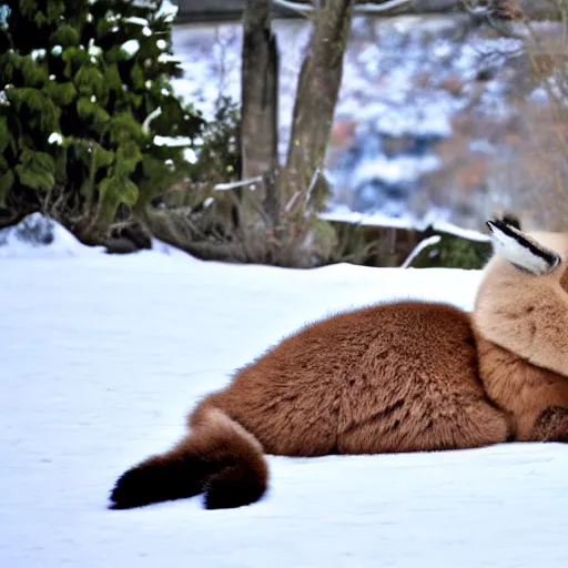 Image similar to fullbody photo still of sleepy drunk fat chubby caracal, lying sleeping on snowy ice, wearing coat, big stomach, fullbody, sunny winter day
