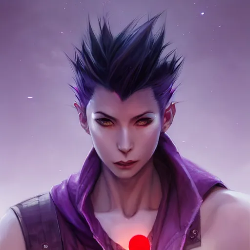 Image similar to portrait of a man with red eyes,a purple mohawk,Character design by charlie bowater, ross tran, artgerm, and makoto shinkai, detailed, inked, western comic book art, 2021 award winning painting,digital art,ultra realistic,ultra detailed,art by greg rutkowski,photorealiatic,hyperdetailed,hyperrealistic,studio lighting,studio photography,professional photography,professional lighting,detailed face,3 point lighting,4k