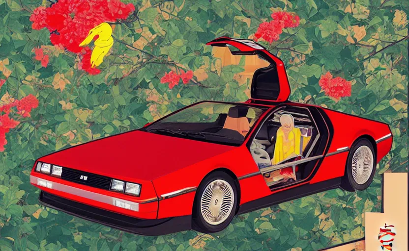 Image similar to a red delorean for a yellow tiger, art by hsiao - ron cheng and utagawa kunisada in a magazine collage, # de 9 5 f 0