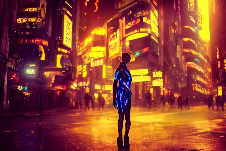 Prompt: VFX movie portrait closeup beautiful blade runner giant hologram woman glowing translucent skin, natural night street lighting in the city alley by Emmanuel Lubezki