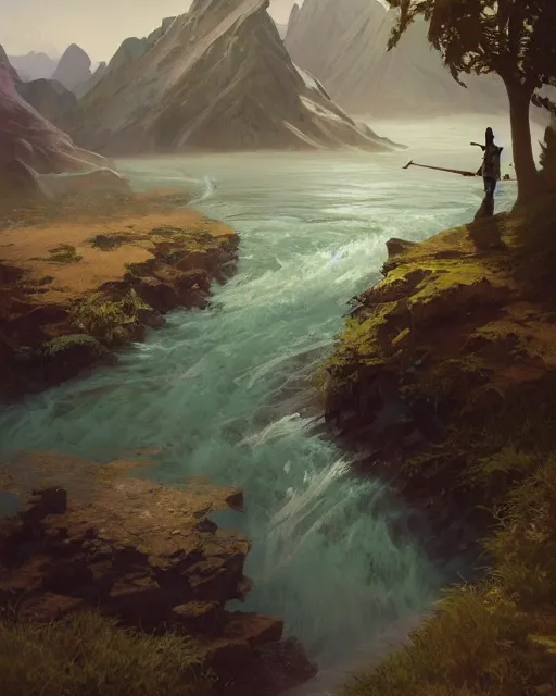 Prompt: ''a very mediocre and not so detailed portrait of a river running through the plains, league of legends, lol, fantasy, d & d, digital painting, artstation, concept art, illustration, art by greg rutkowski and alphonse mucha''