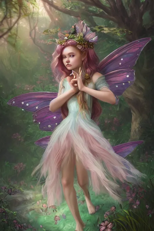 Image similar to a cute and geogerous fairy in the dreamy forest, fantasy, dreamlike, 8 k resolution, hyper detailed, d & d, character design, digital painting, trending on artstation, sharp focus, illustration, art by viktoria gavrilenko, hoang lap, fuji choko, steve zheng,