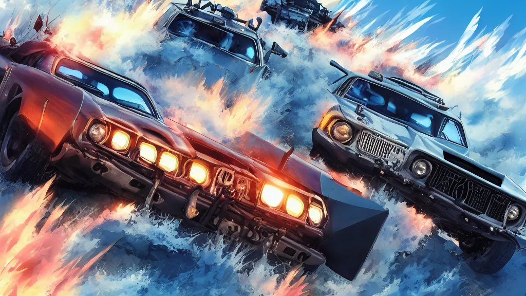 Image similar to anime illustration of mad max's fj 4 0 pursuit special, the last v 8 interceptor driving down to the gates of valhalla highway, riding fury road eternal shiny and chrome, world of fire and blood, by makoto shinkai, ilya kuvshinov, lois van baarle, rossdraws, basquiat, global illumination ray tracing hdr