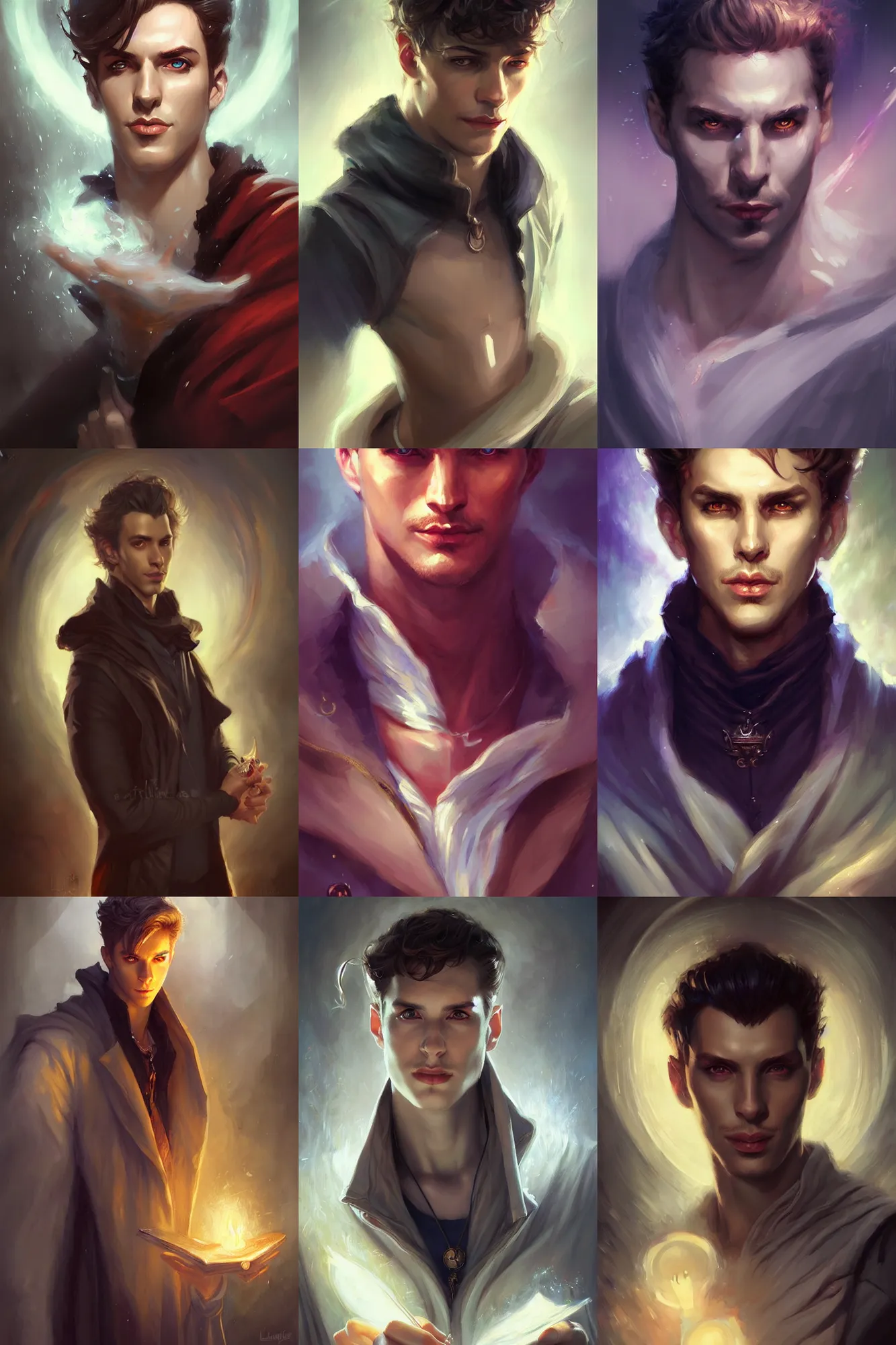 Prompt: portrait attractive young male warlock, midnight, spell casting, painting by bastien lecouffe - deharme, vladimir volegov, j. c. leyendecker, tom of finland, trending on artstation